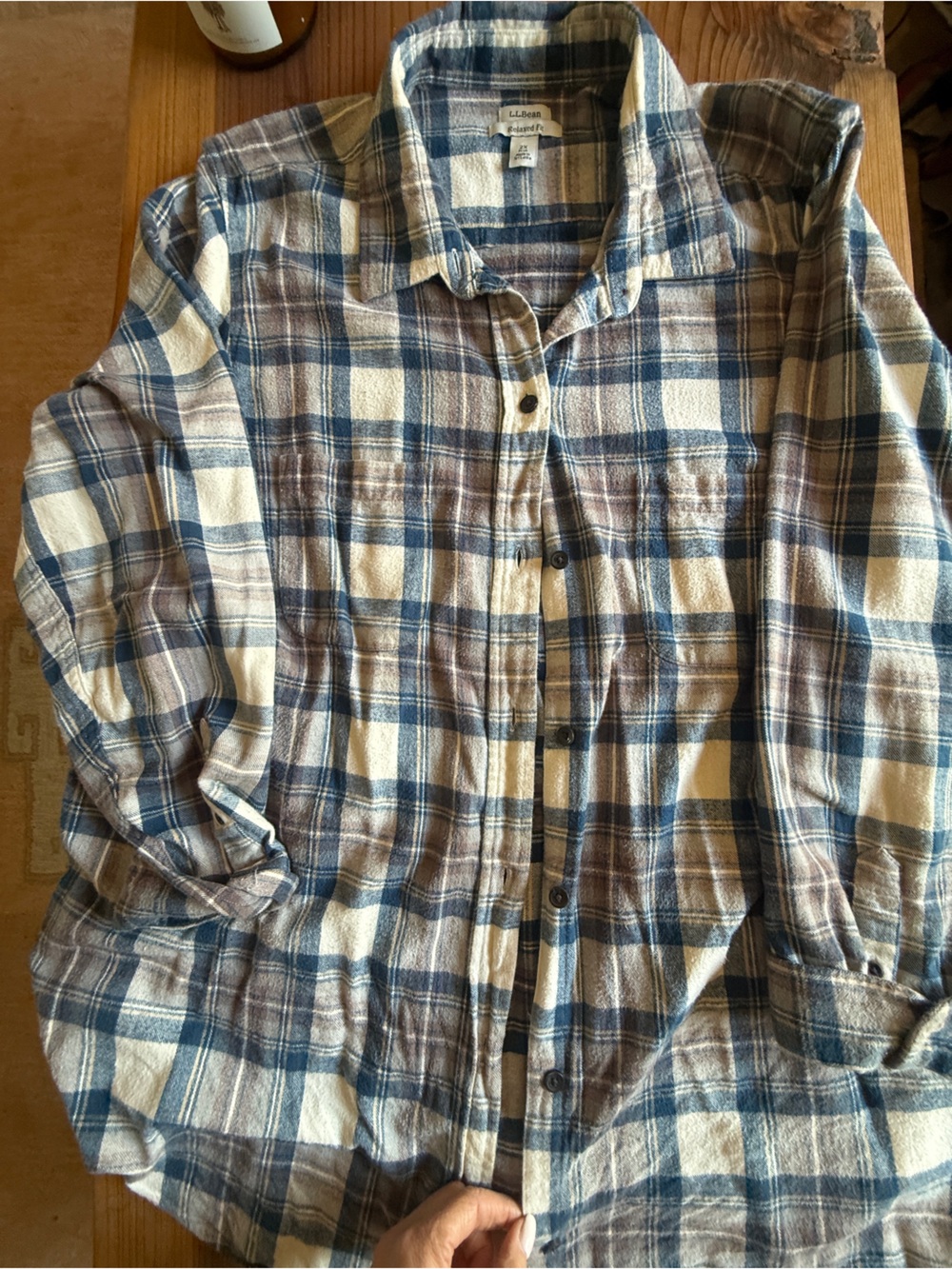 L.L. Bean Blue, Cream and Brown Plaid Button-Down Shirt